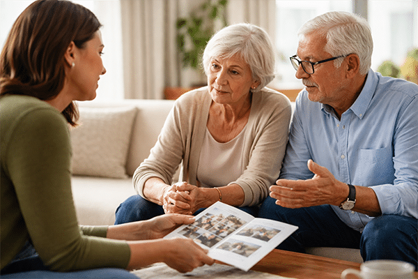 Daughter talking with her elderly parents about assisted living in Monroe, LA